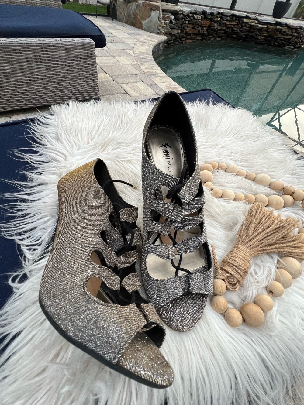 Vionic Silver Glitter Lace-Up Peep Toe Wedges